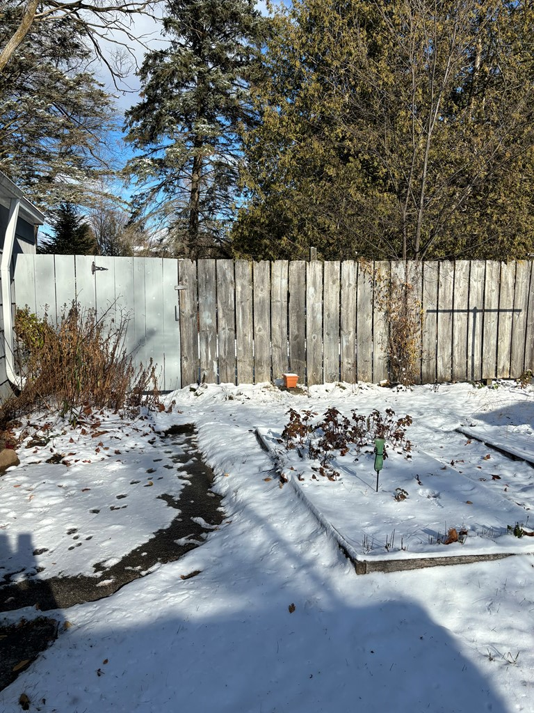 Raised bed gardens, gate leads to back yard